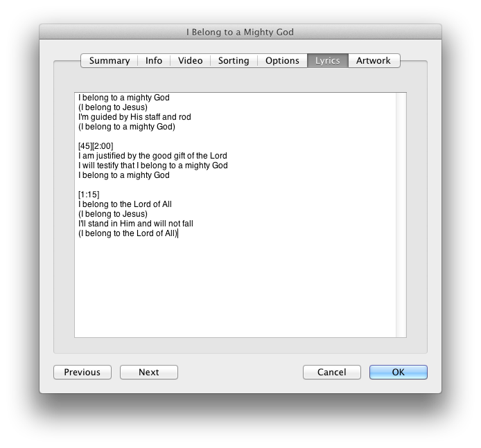 iTunes Lyrics window